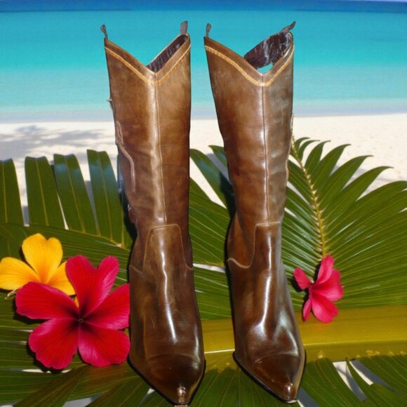 Glory Chen Shoes - Glory Chen Rich Brown Genuine Leather Floral Stiletto Western Boot--size US 9.5M